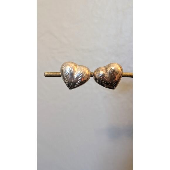 Vintage Puffed Etched Heart Post Marked 925 Sterling Silver Earrings - Picture 6 of 6